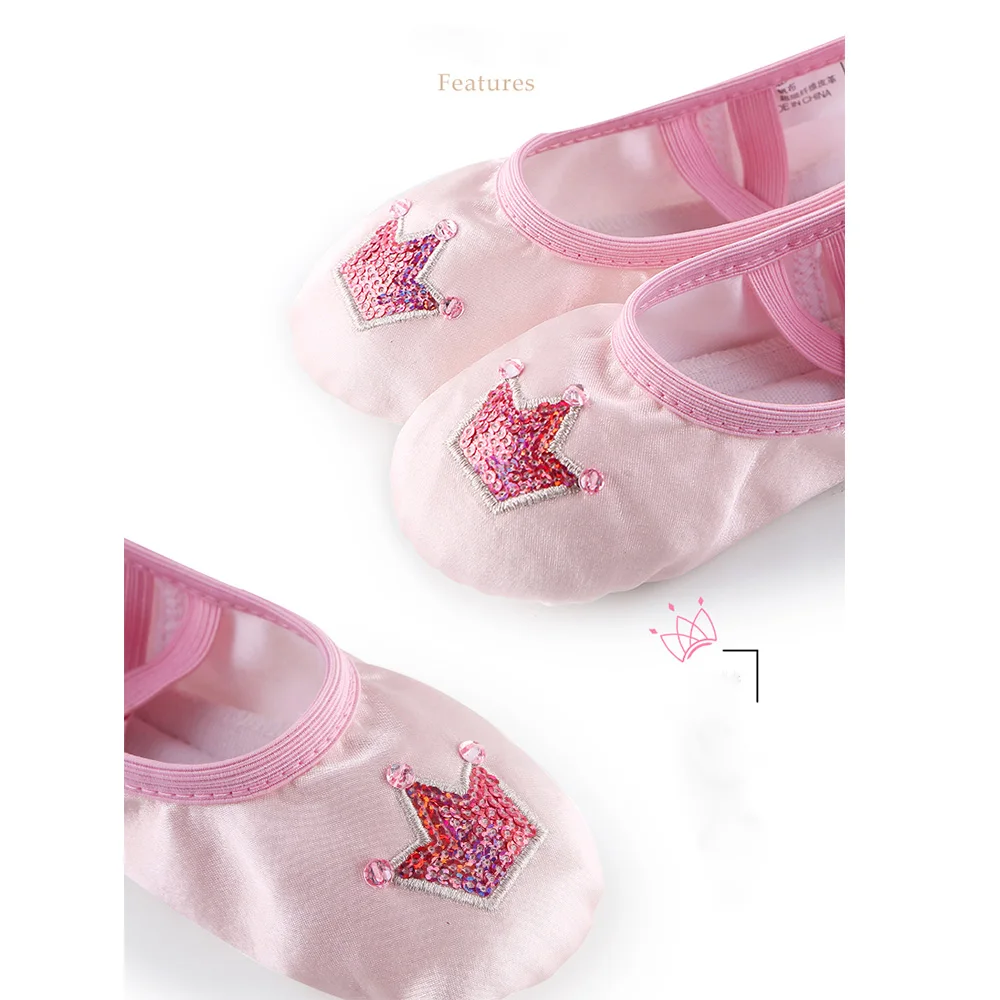 High Quality Girls Kids  Full Sole Ballet Shoes Satin Pointe Shoes Dance Slippers Ballerina Crown Sequins Decoration