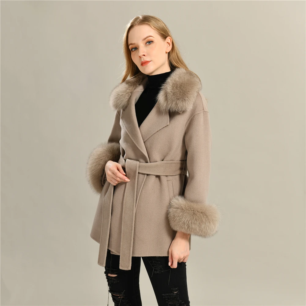 Jxwatcher High End Wool Coat Woman Double Face Cashmere Coat with Real Fur Collar Luxury Ladies Winter Jacket Warm Clothing Fall