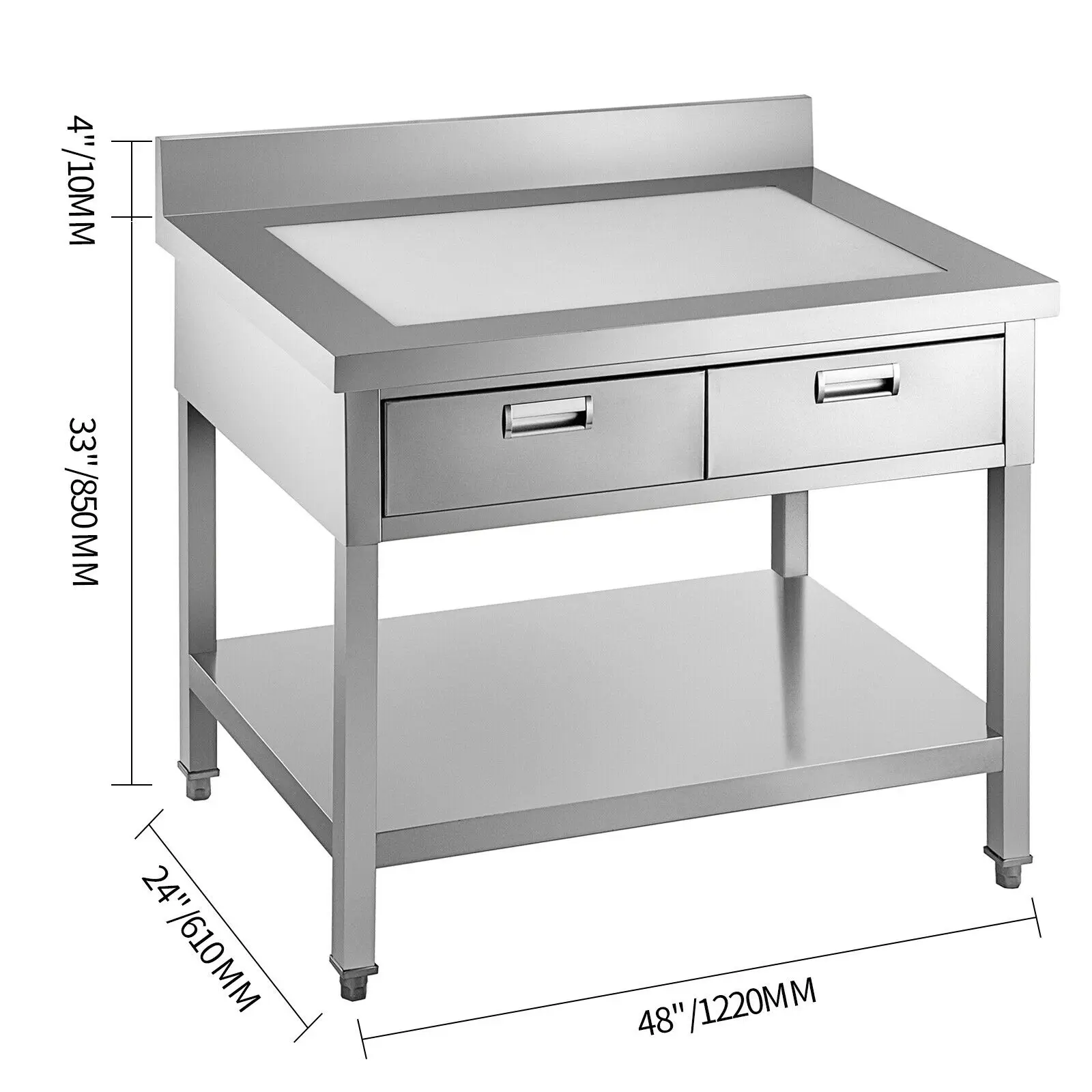 VEVOR 24"x36" 24"x48" Professional Stainless Steel Kitchen Work Prep Table Adjustable Feet with Double Drawers Home Commercial