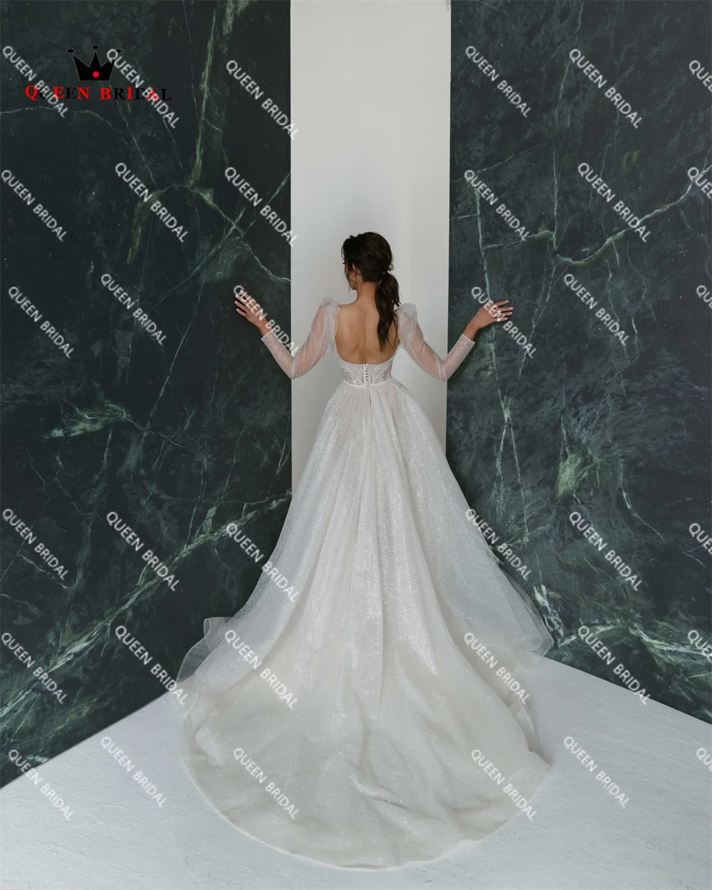 Elegant A-line Long Puffy Sleeve Wedding Dresses Tulle Lace Crystal Beading Formal Bridal Gown 2023 New Design Custom Made DZ12