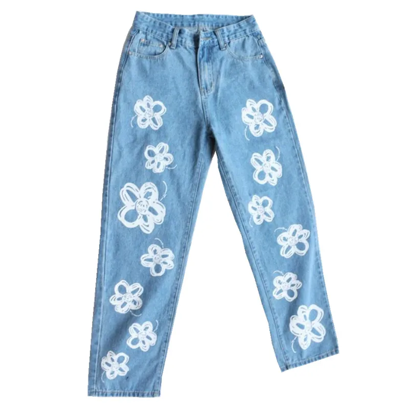 Moda floral impresso vinatge denim calças femininas de cintura alta streetwear baggy harajuku calças de carga casual s1219