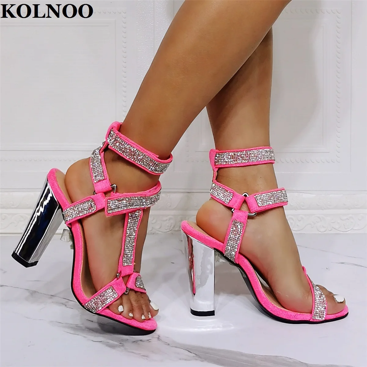 KOLNOO Newest Designed Style Handmade Ladies Chunky Heeled Sandals Rhinetones Open-Toe Sexy Evening Party Prom Fashion Shoes