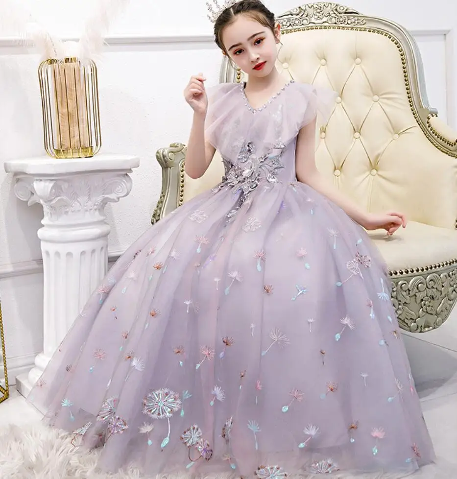 Violet Tulle Princess Dress for Girl Wedding Party Ball Gown Sequin Lace Long Prom Dress Toddler Kids Formal Birthday Vestidos