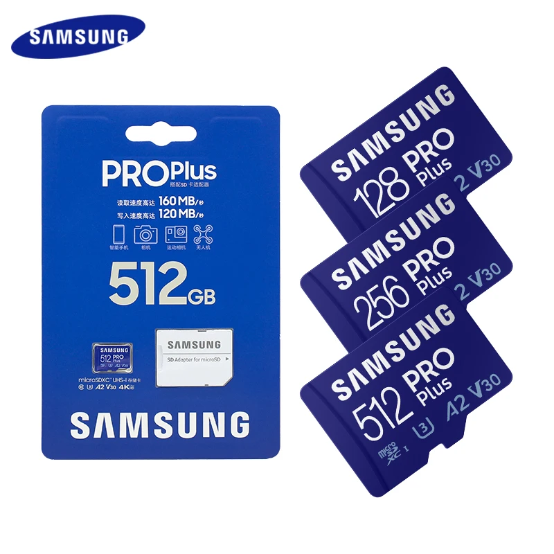 Samsung Pro Plus carte mémoire 512GB 256GB 128GB U3 V30 A2 haute vitesse UHS-I classe 10 TF carte 64GB U1 A1 V10 EVO PLUS carte Micro SD