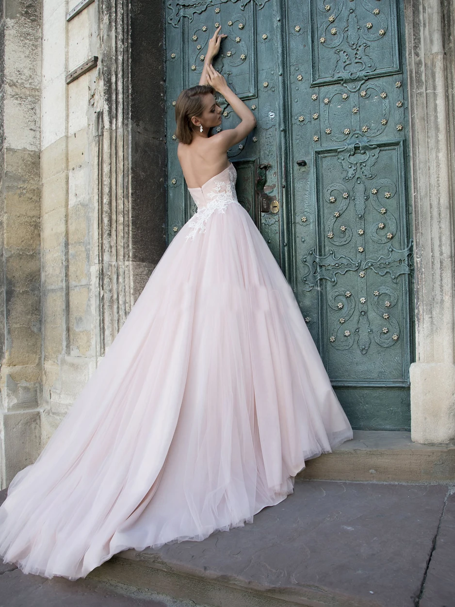 간단한 Tulle Sweetheart 웨딩 드레스 Strapless Appliques 레이스 업 긴 신부 가운 Vestidos De Novia robe de mariée свадебное