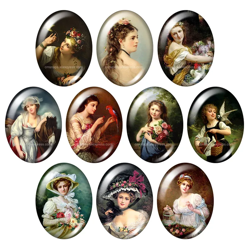 Retro Lady Vintage style paintings Oval 13x18mm/18x25mm/30x40mm mixed photo glass cabochon demo flat back Jewelry findings