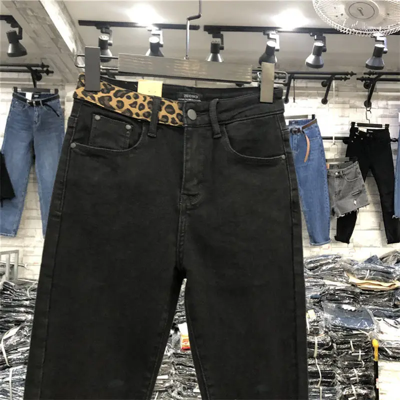 Mulher calças de brim leopardo impressão costura calças cintura alta preto pés inverno pantalones vaqueros mujer