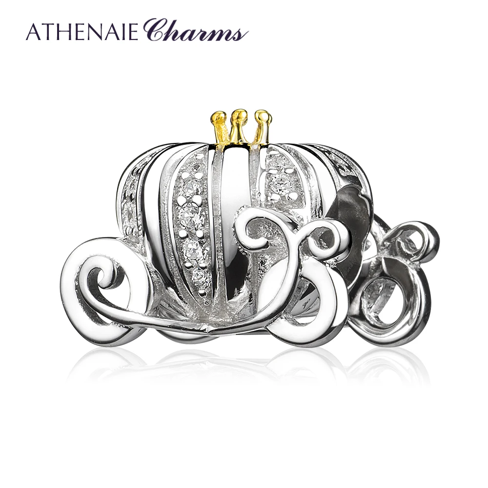 

ATHENAIE 925 Sterling Silver CZ Sparkling Crown Fairy Tale Pumpkin Carriage Charms Fit Charm Bracelet Bangles Necklace Women