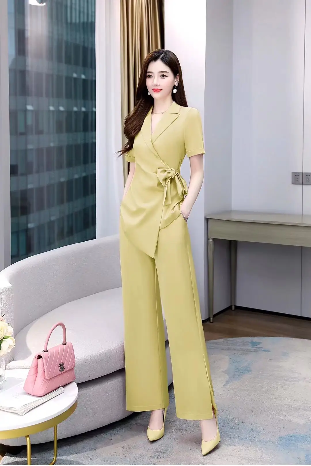 

Summer Brand Top Quality Women Silk Blazer Two Pieces Elegant Sashes Blouse+Trousers Office Ladies Wide Leg Pants Suit Set