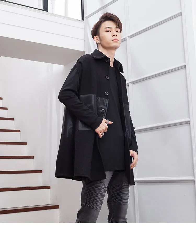 

Single-breasted Pu Patchwork Sleeveless Cape Cape Cape coat coat coat fashion men's performance clothes loose stage clothes