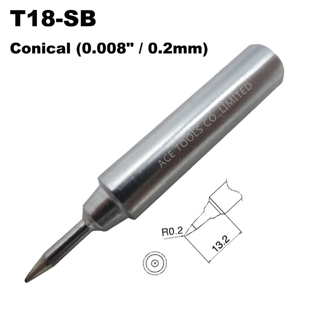 T18-SB Lötspitze, konisch, 0,2 mm, 0,008 Zoll, passend für HAKKO FX-888 FX-888D FX-8801 FX-600, bleifreier Eisen-Bit-Düsengriffstift