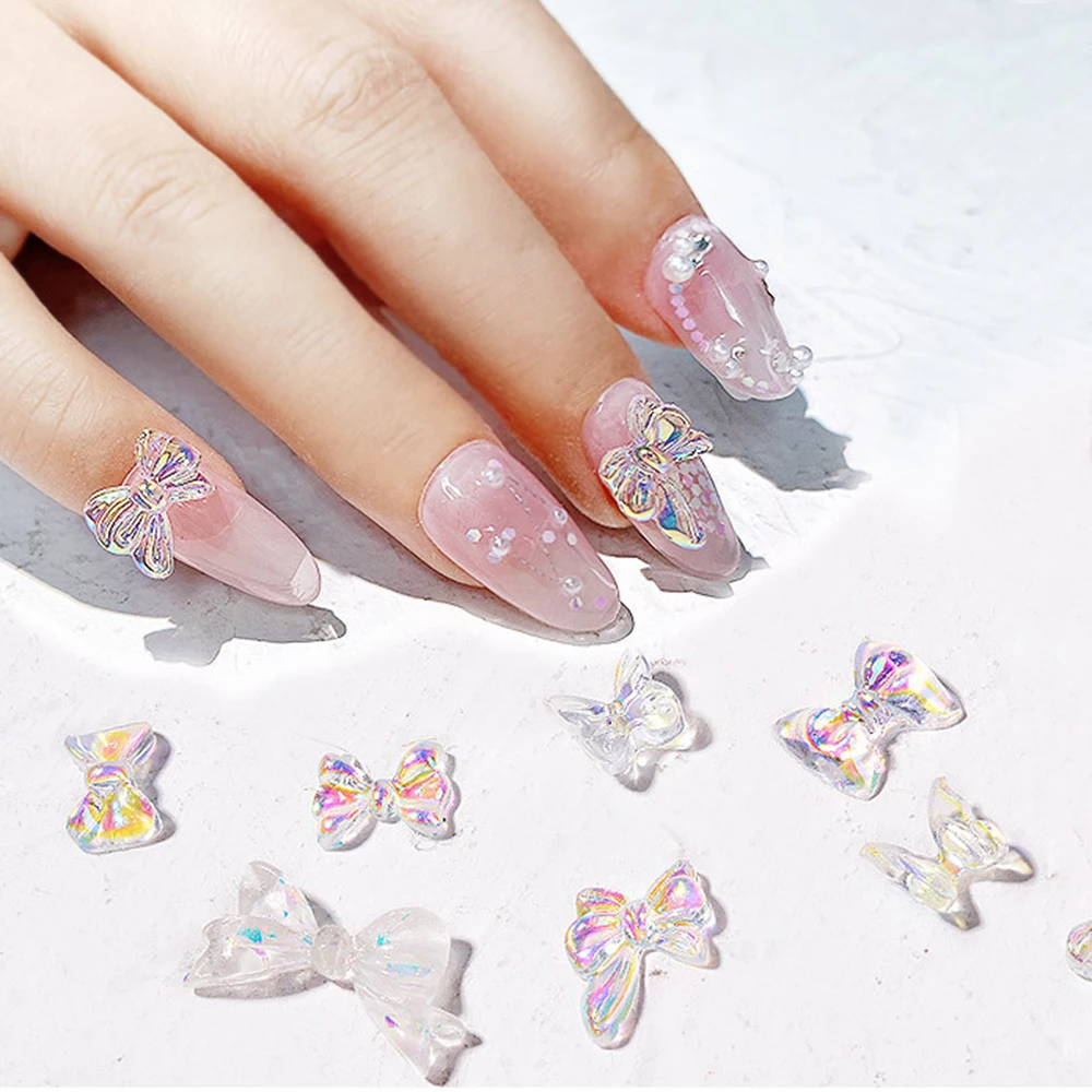 60pcs 3D Holographic Butterfly Charm Nail Art Rhinestones AB Bowknot Resin Nail Art Decoration DIY Manicure Design Accessories