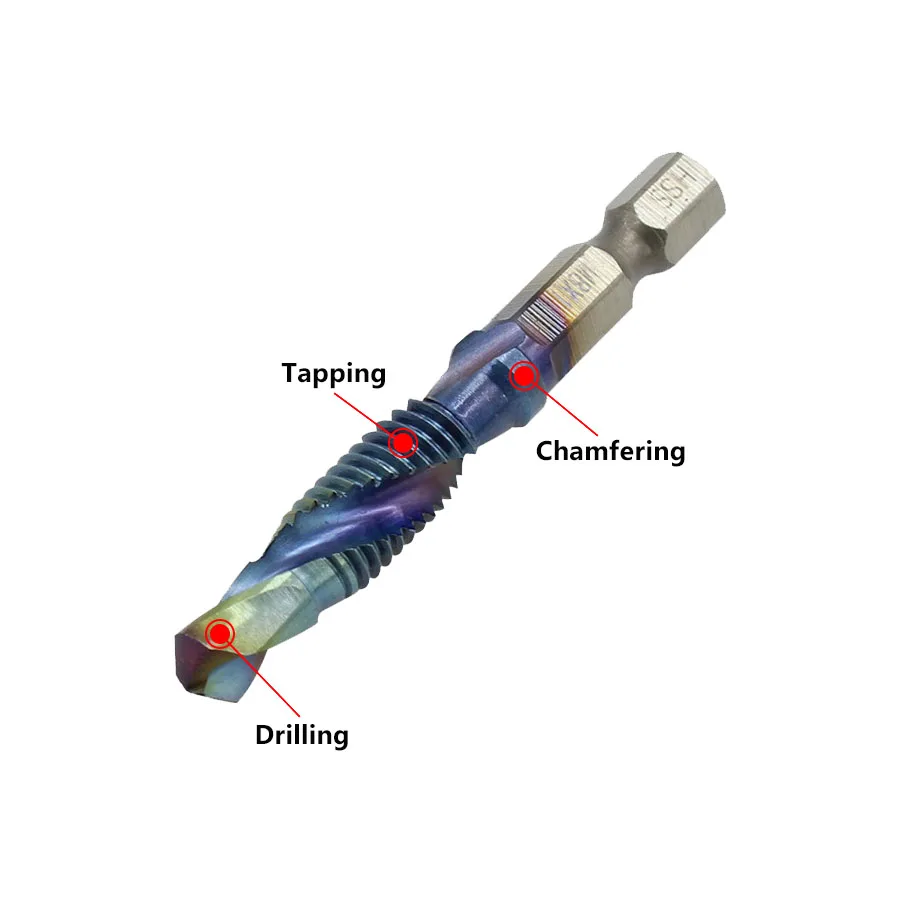 Three-in-one Spiral Drill Hole Tapping Chamfering High Speed Steel Blue Tap Drill Bit M3 M4 M5 M6 M8 M10 Hex Shank Compound Taps