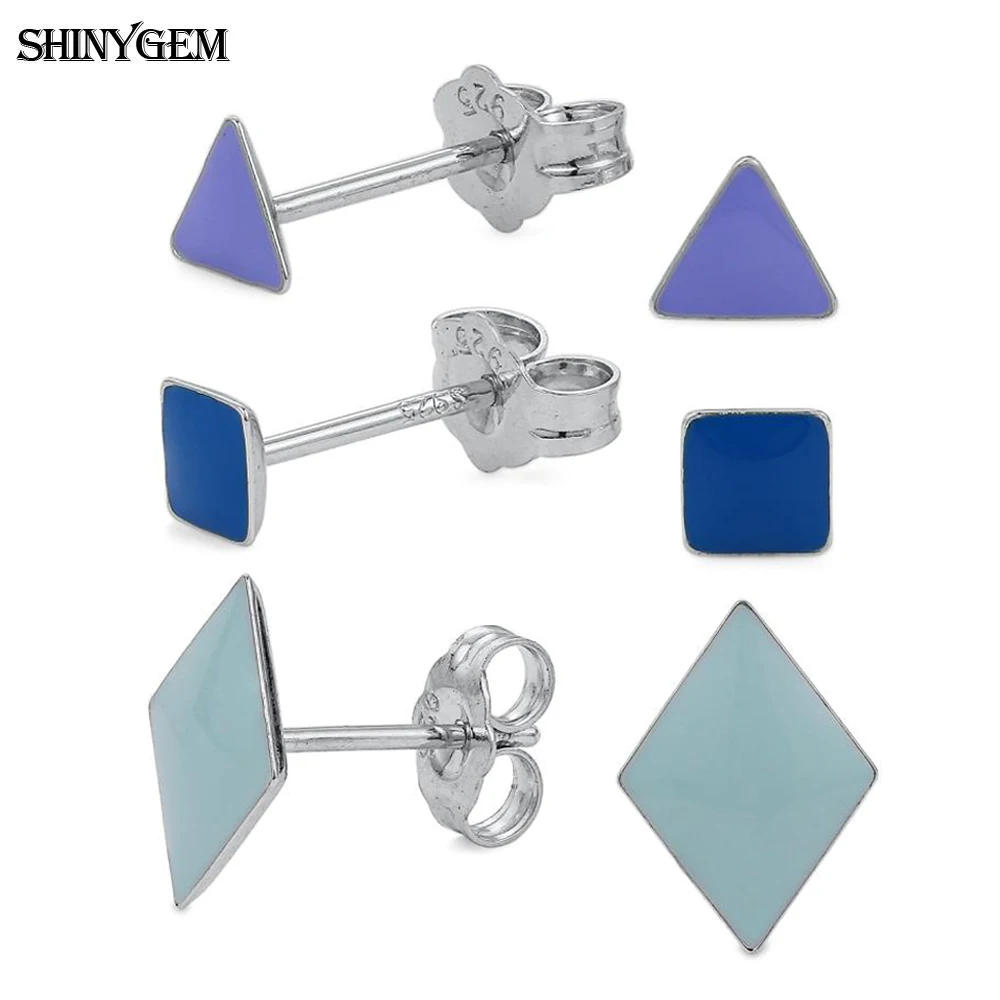 

Trendy Cute Delicate Square / A Diamond / Triangle Stud Earrings For Women Girl Beautiful 925 Silver Jewelry Gift