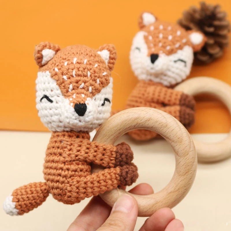 1pc BPA Free DIY Crochet Elk Fox Baby Teether Wooden Teether Ring Rattle Newborn Teething Nursing Soother Molar Educational Toys