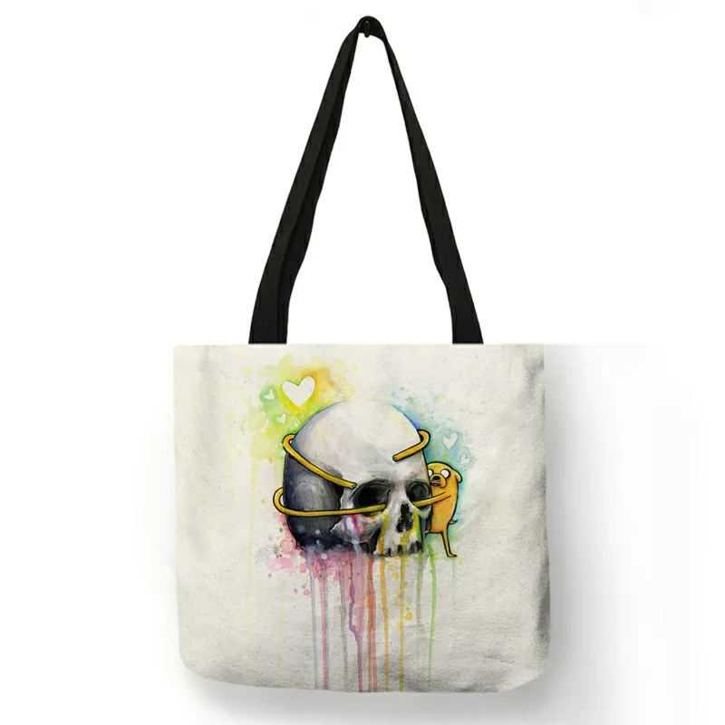 B13125 Watercolor Skull Painting Women Bags Linen Cloth Tote Handbag For Shopping Traveling Foldable