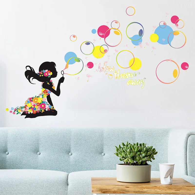 

Colorful Girl Blowing Bubbles Girl Wall Stickers Girls Room Bedroom Decoration Wallpaper Home Decor Art Decals Creative Sticker
