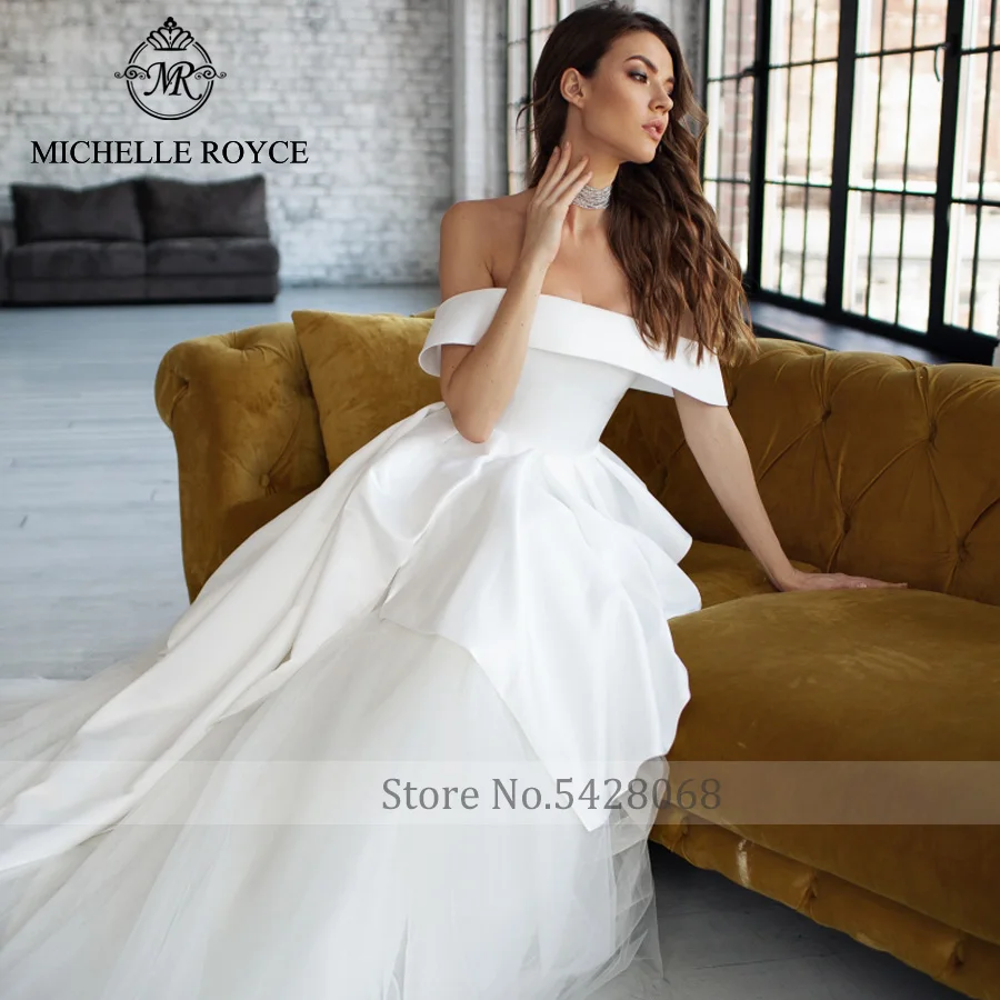 Michelle Royce A-Line Wedding Dresses For Women Sexy Boat Neck Sleeveless Lace Up Chapel Train Wedding Gown Vestido De Novia