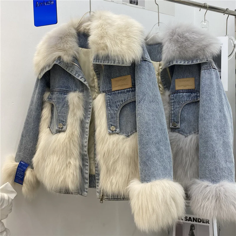 Denim Jacket Parka 90% เป็ดสีขาวลงฤดูหนาวหนาอบอุ่นผู้หญิง Parkas จริง Fox ขนสัตว์