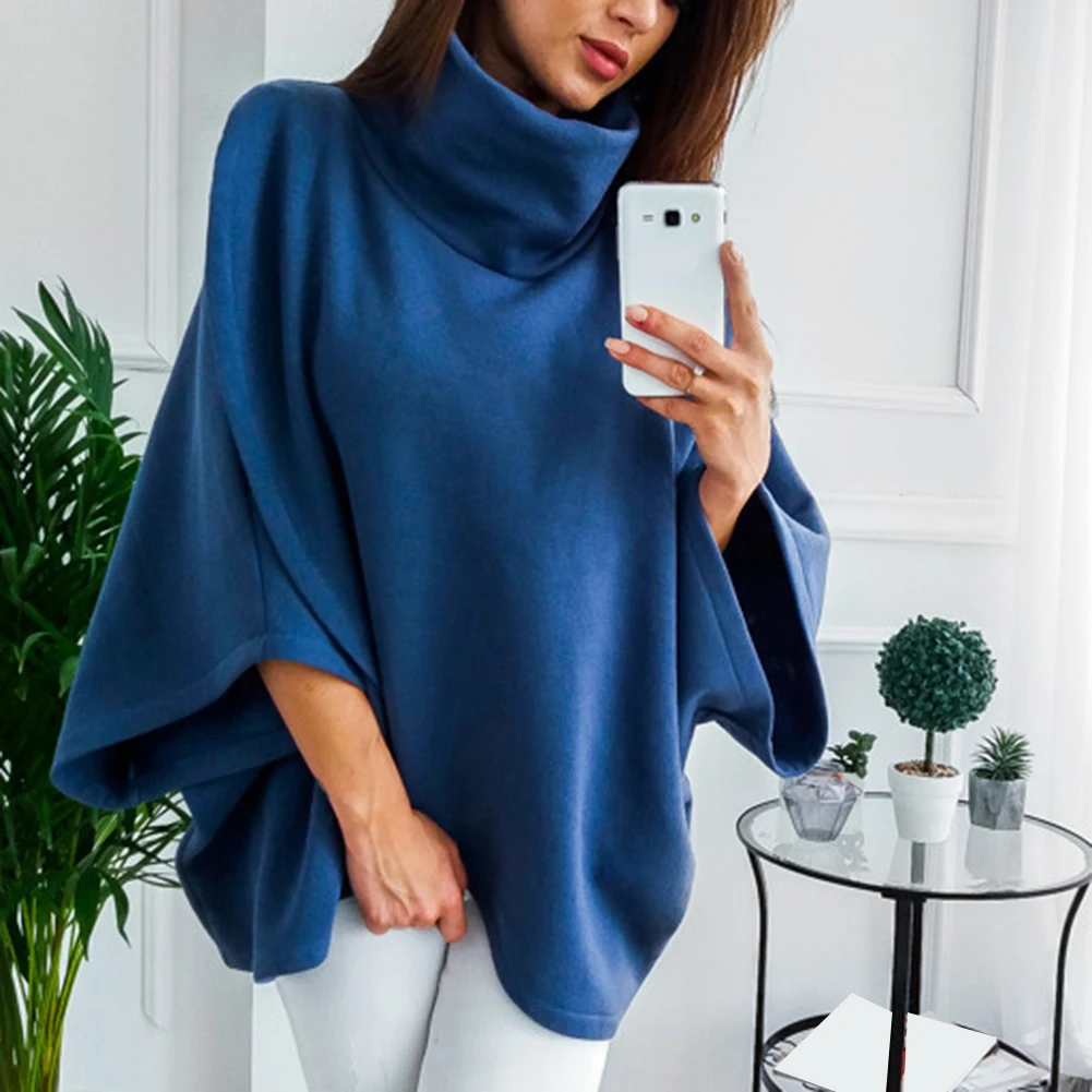 High Quality Women Dolman Sleeve Turtleneck Solid Color Cloak Irregular Pullover Blouse Top Polyester  Spandex Women's Blouse