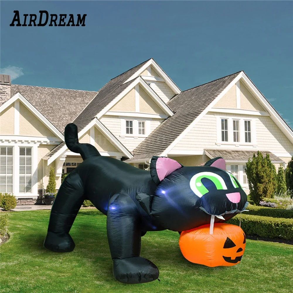 Large LED Inflatable Black Evil Cat With Pumpkin Crazy Inflatable PumpkinBlack Cat  Festival Halloween Scary Inflatables