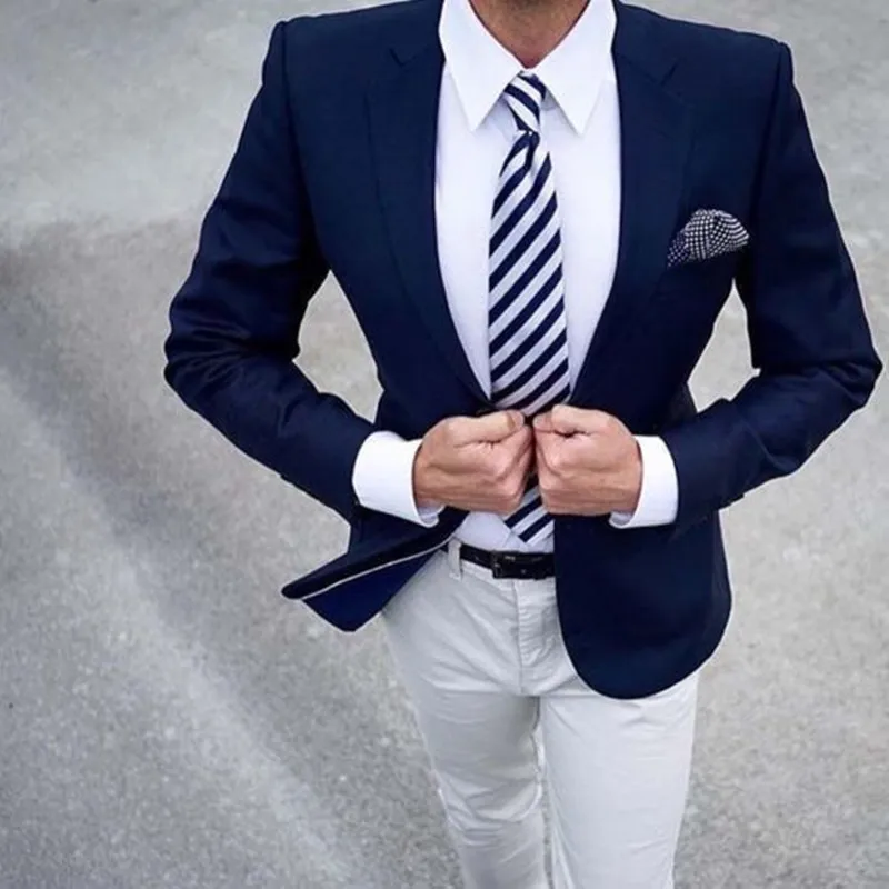 

Navy Blue Blazer Men Suit For Wedding Bridegroom Formal Prom Business 2 Pieces Slim Fit Tuxedo Mariage Suit With White Pants