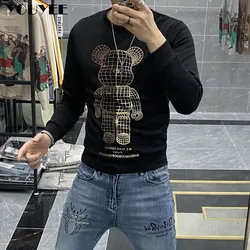 Men's Hoodies Bear Rhinestone Slim Fit 2021 New Personalized Korean Trend Casual Bottomed Shirt Male Top Pullover Autumn Winter