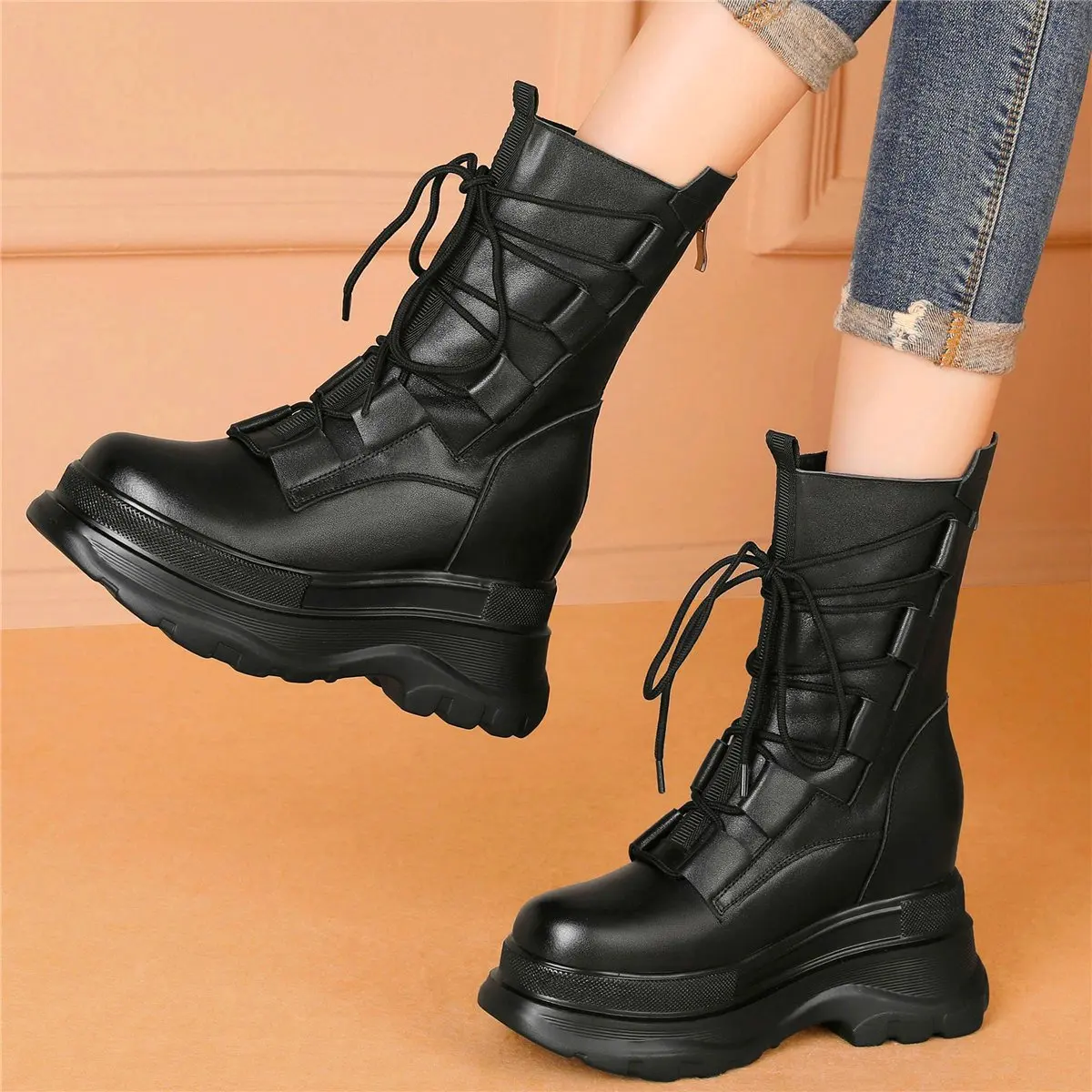 

Military Creeper Ankle Boots Women Genuine Cow Leather Platform Motorcycle Chunky Boots Thick Sole Round Toe Party Shoes 34-40