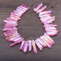 Purple Pink Ab Titanium Natural Quartz Stick Beads Point Pendants Charm Rough Quartz Top Drilled Raw Crystal Handmade Necklace