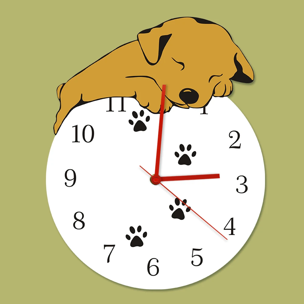 Funny Sleeping Dog Round Wall Clock Puppy Taking A Snap Paws Wall Art Home Decor Battery Operated Quartz Analog Quiet Wall Watch