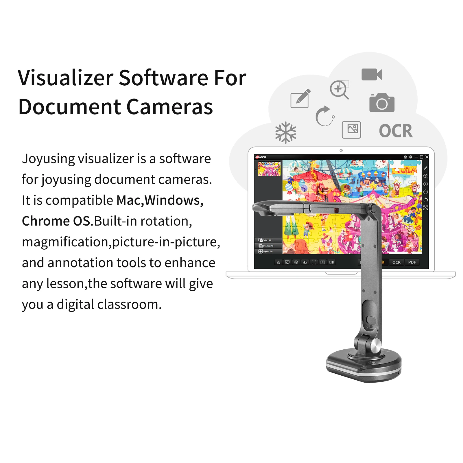 JOYUSING V500S USB 2-in-1 8MP Document Camera & Book Scanner Webcam with Auto Focus A3 Scanning Size LED Light for Mac Windows