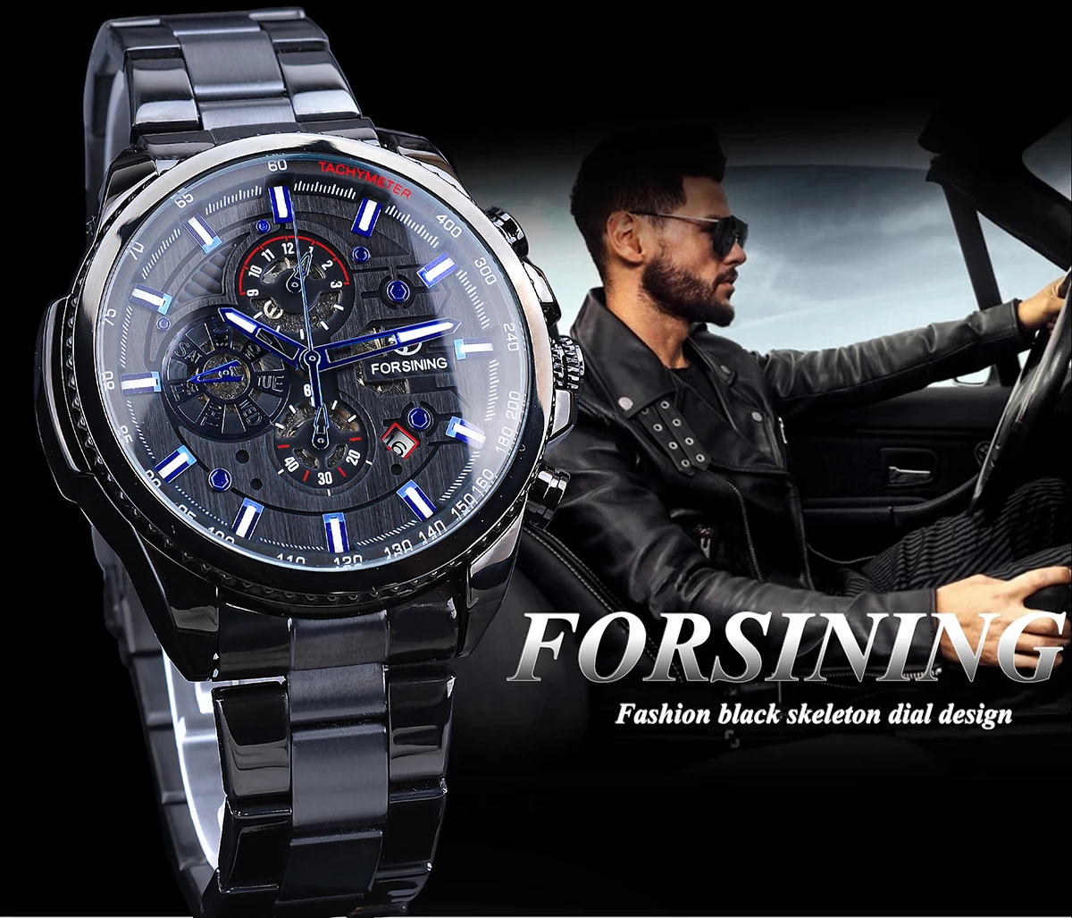 Forsining Black Automatic Self Wind Men Military Wrist Watches Waterproof 3 Dials Men\'s Mechanical Watch Calendar Clock Luminous