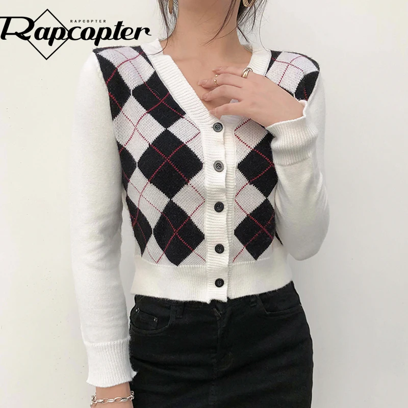 Rapcopter Plaid Knitted Cardigans England Sweaters Single-Breasted Grunge Fairycore Knitwear Women Prepply Outerwear Vintage Tee