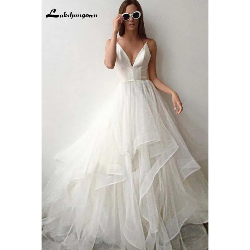 Lakshmigown Simple Spaghetti Straps V Neck Wedding Dress Tulle Ruffles Backless Bridal Gowns