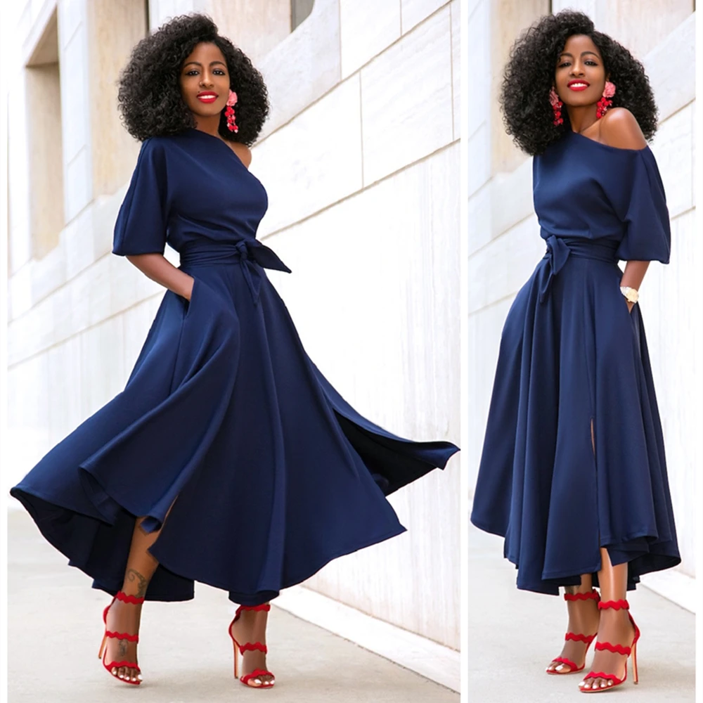 2021 Ladies New Summer Hot Sale African Style Off Shoulder Pockets Sexy Casual Dress For Women