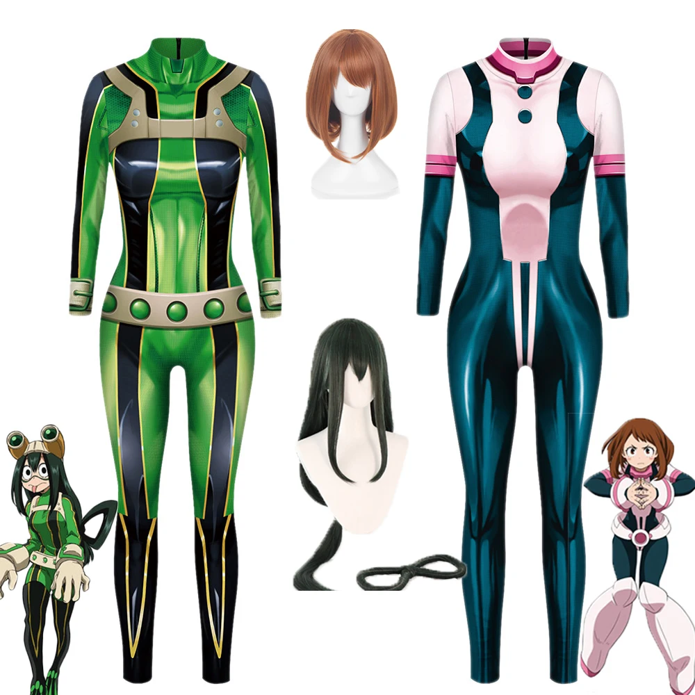 

Anime My Hero Academia Cosplay Asui Tsuyu Ochaco Uraraka Costume Wig Women Jumpsuit Carnival Halloween Costume Bodysuit C42C47