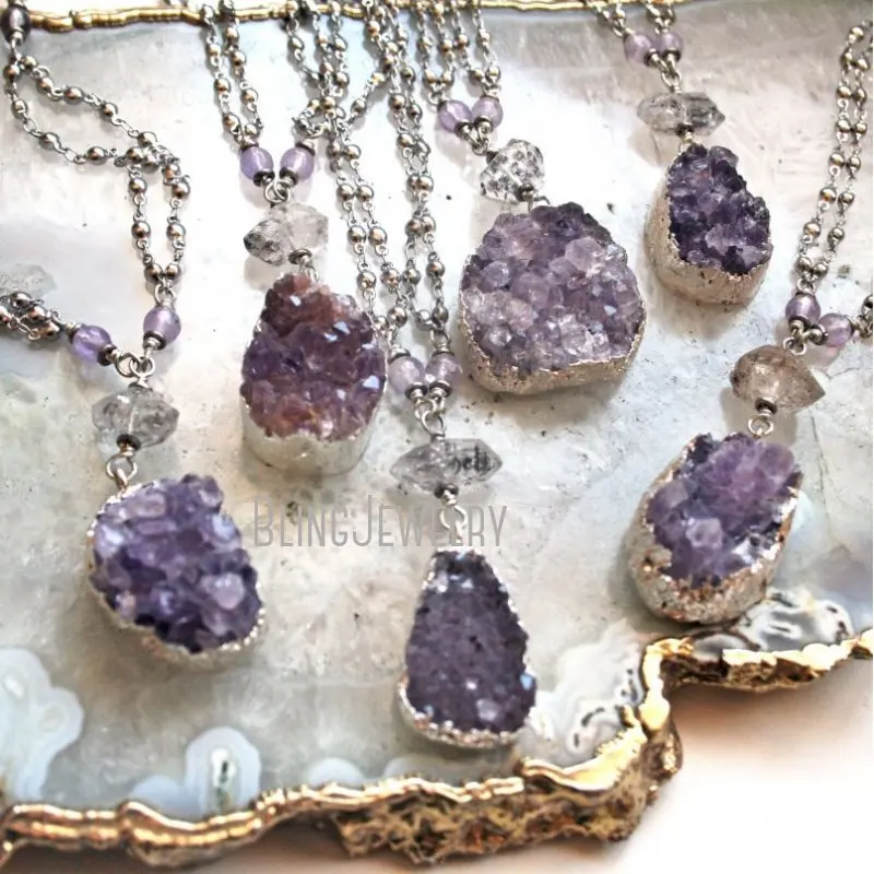 

NM40493 Amethyst Crystal Cluster And Herkimer Quartz Necklace Electroformed Statement Layering