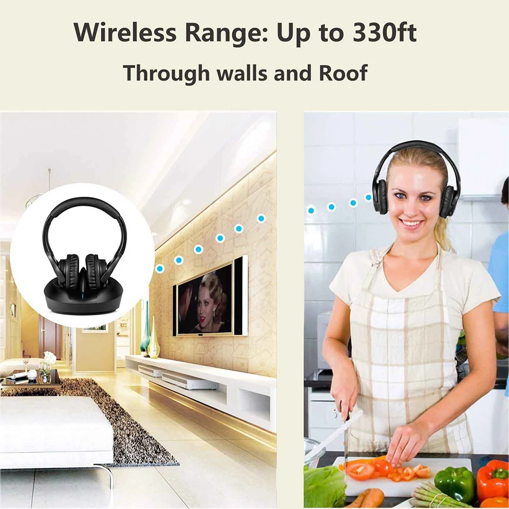 หูฟังทีวีไร้สายแบบครอบหูพร้อมเครื่องส่งสัญญาณ RF แท่นชาร์จ Hi-Fi สเตอริโอไร้สาย 330ft ช่วง 10Hrs แบตเตอรี่,ไม่มีเสียงล่าช้า