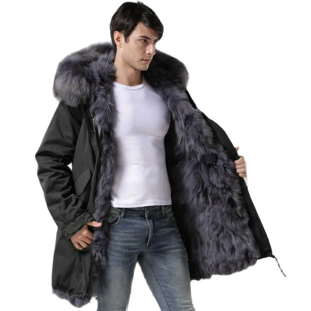 Fashion Thick Warm Parka Black Outshell With Grey Fox Fur Lining Long Fur Coat Winter Men Overcoat