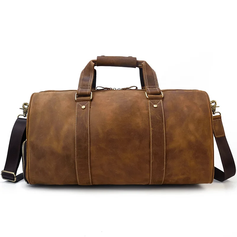 Vintage Leather Travel Bag Men's Leather Handbag 50cm Large Capacity Duffle with Shoes Pocket