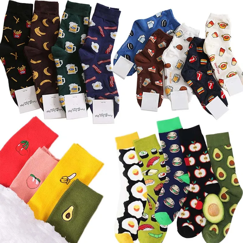 Harajuku happy socks men funny Cartoon fruit avocado banana burger fries beer biscuit fried chicken food socks skateboard socks