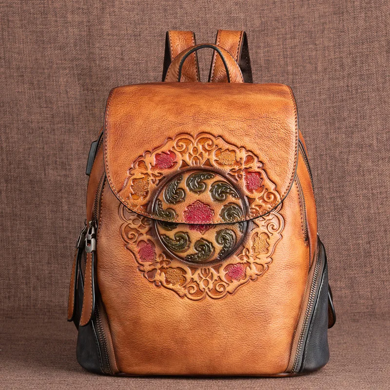 Ladies Fashion Backpack Retro Genuine Leather Backpacks For Women New Handmade Embossed Vintage Bag China Style Backpack