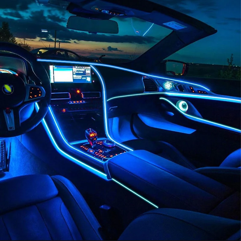 Tira de luz de fibra óptica para Interior de coche, 6 en 1 LED RGB luz ambiental, Control por aplicación, música DIY, banda de fibra óptica de 8M