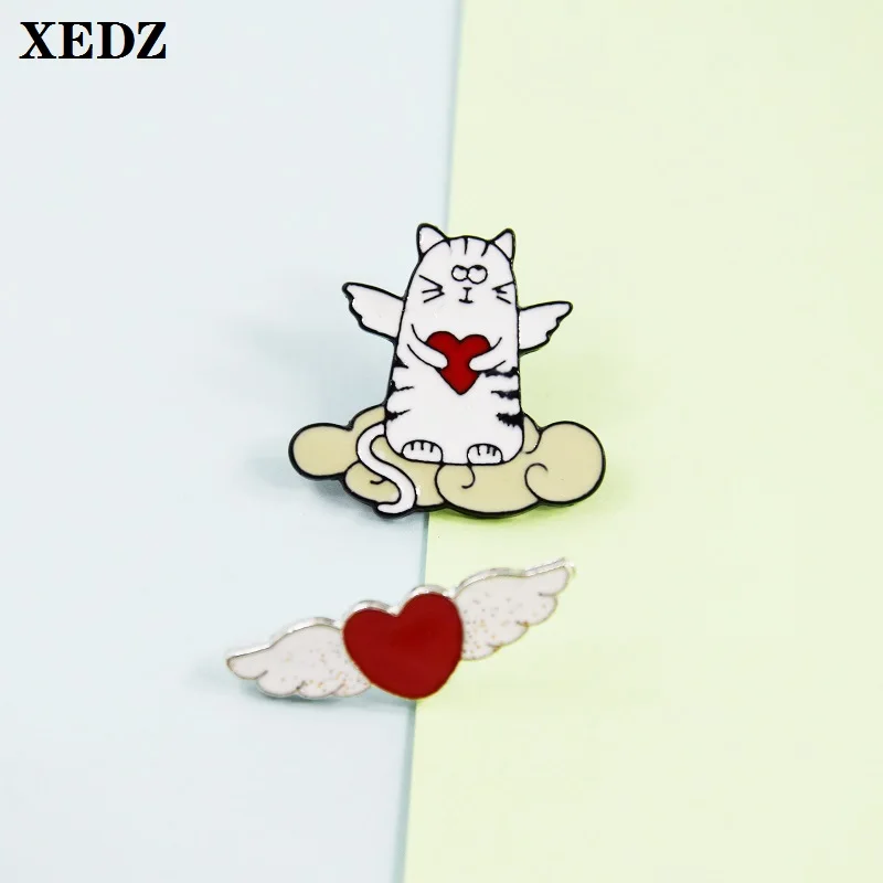 Angel cat wings love enamel pin cute wings cat cloud sky lucky cartoon animal badge shirt lapel brooch jewelry gift to friends