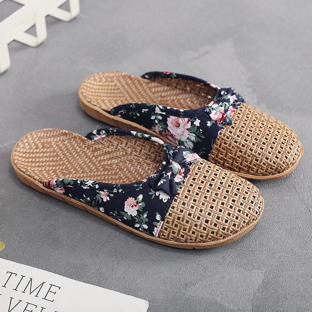 2023 Summer Linen EVA Anti-Slip Flat Slipper Women Casual Butterfly Knot Slip On Slides Indoor Home Slippers Shoes Beach Shoes