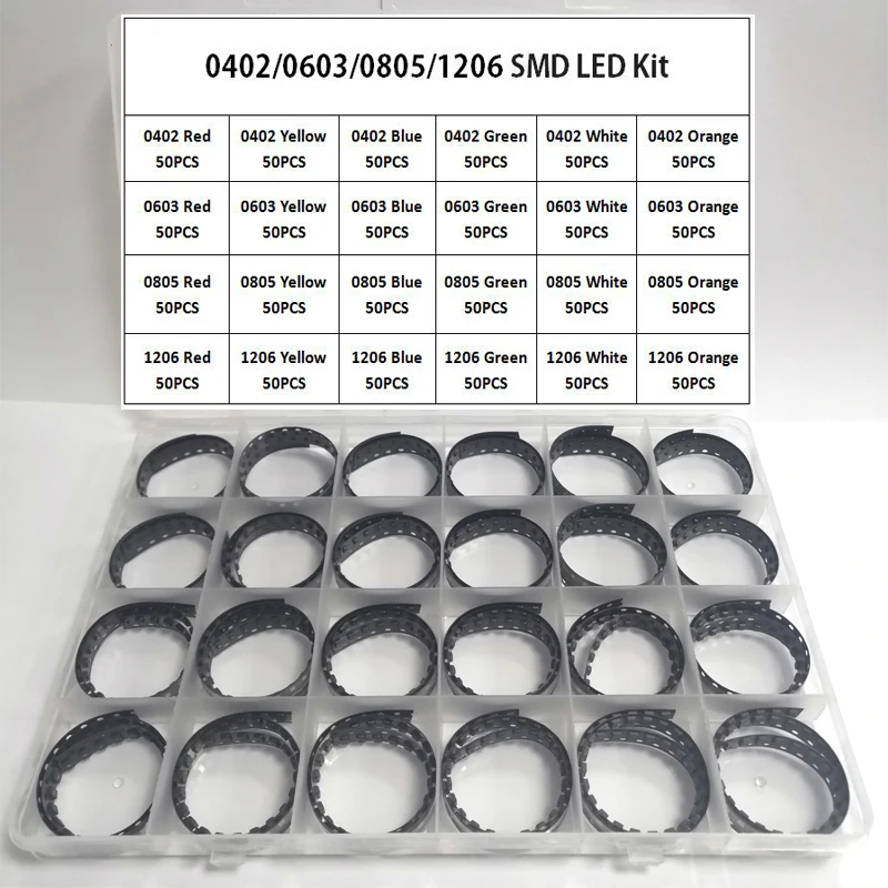 1200 sztuk/partia zestaw diod SMD 0402 0603 0805 1206 czerwony/zielony/niebieski/biały/żółty/pomarańczowy zestaw diod 6 kolorów po 50 sztuk