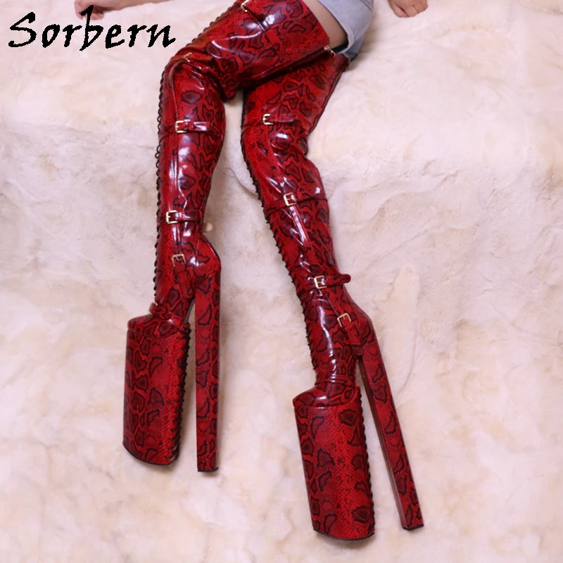 Sorbern 40cm Red Snake Crotch Thigh High Boots Women Buckle Straps Flock Winter Boots Super Long Block Chunky High Heels Custom