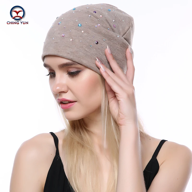 CHING YUN Women Cashmere knit hat new soft Winter Warm Rhinestone embroidery High Quality Female Solid Color Knitted Hat C19-09