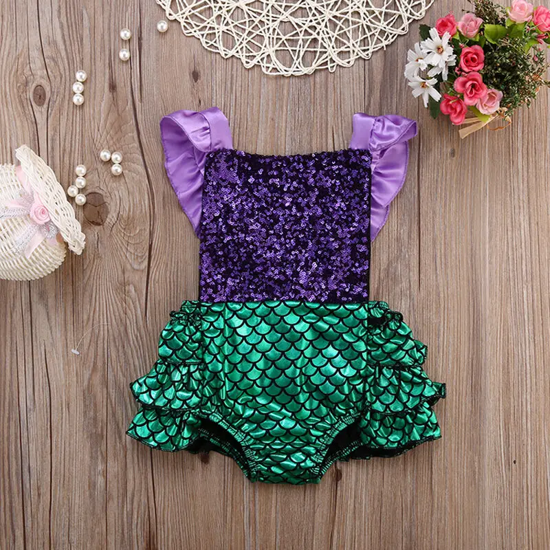 Newborn Baby Girls Romper Summer Sequins Ruffles Sleeveless Mermaid Romper Girl Fashion Sunsuit Clothes 0-24M