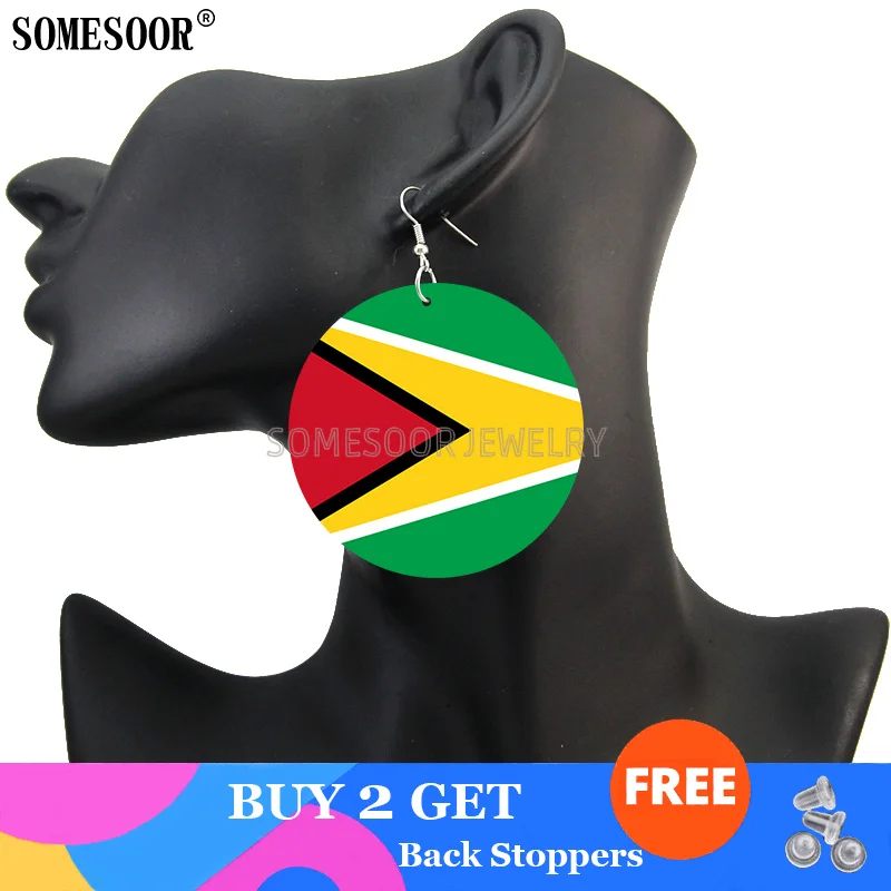 SOMESOOR Jewelry Flag Of French Overseas Provinces Wooden Both Sides Print Pendant Round Drop Earrings For Women